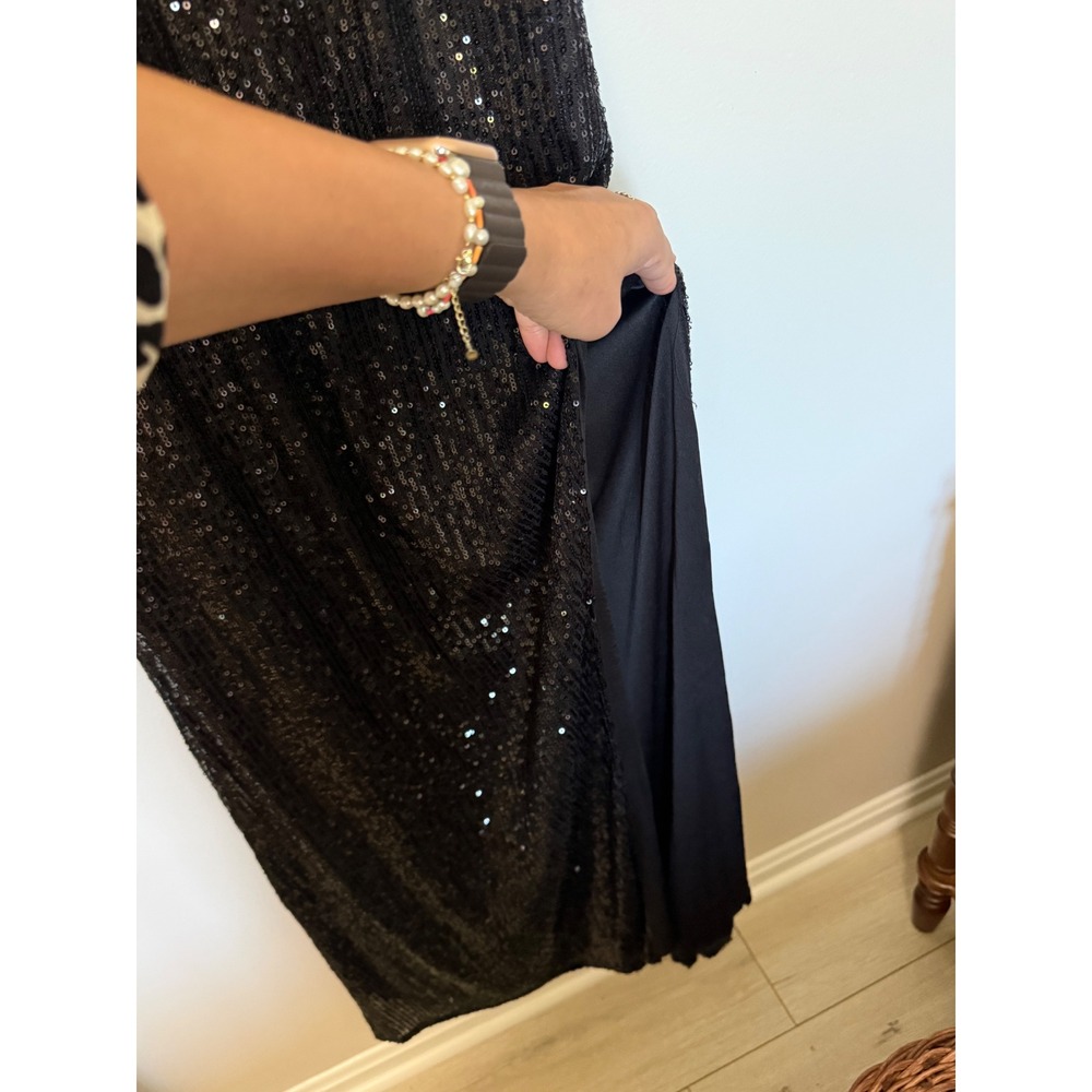 Black Sequin Long Sleeve Maxi Dress Shoulder Cut Out Side Slit Formal Gown - Picture 11 of 16